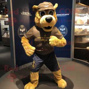 Gold Navy Seal mascot costume character dressed with a Running Shorts and Gloves