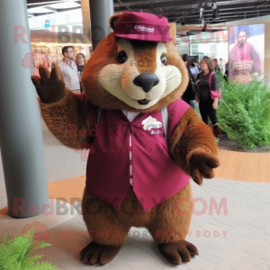 Maroon Beaver mascot costume character dressed with a Blouse and Headbands