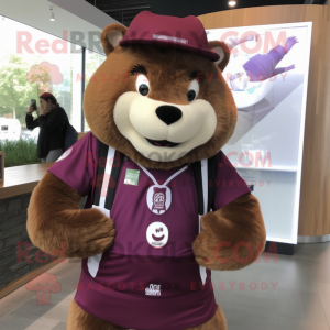Maroon Beaver mascot costume character dressed with a Blouse and Headbands