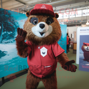 Maroon Beaver mascot costume character dressed with a Blouse and Headbands