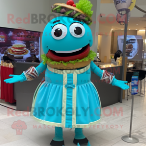 Turquoise Burgers mascot costume character dressed with a Circle Skirt and Bracelet watches