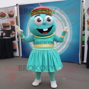 Turquoise Burgers mascot costume character dressed with a Circle Skirt and Bracelet watches