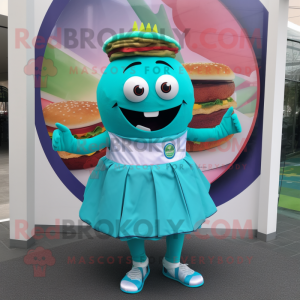Turquoise Burgers mascot costume character dressed with a Circle Skirt and Bracelet watches