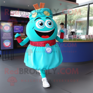 Turquoise Burgers mascot costume character dressed with a Circle Skirt and Bracelet watches