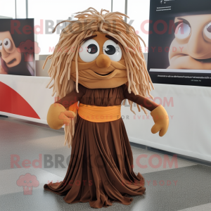 Brown Pesto Pasta mascot costume character dressed with a Skirt and Scarf clips