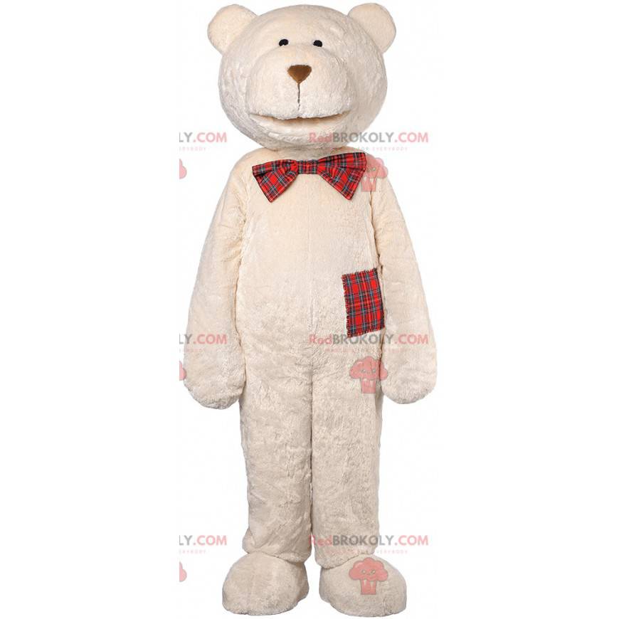 Mascotte d'ours beige et son nœud écossais - Redbrokoly.com