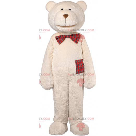 Mascotte d'ours beige et son nœud écossais - Redbrokoly.com