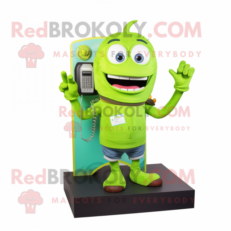 Lime Green Phone mascot costume character dressed with a Denim Shorts and Rings Lime Green Phone mascot costume character dressed with a Denim Shorts and Rings