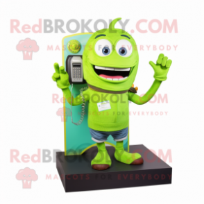 Lime Green Phone mascot costume character dressed with a Denim Shorts and Rings