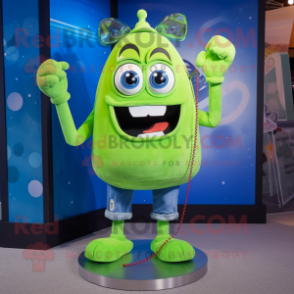 Lime Green Phone mascot costume character dressed with a Denim Shorts and Rings