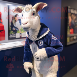 Navy Angora Goat mascot costume character dressed with a Sweatshirt and Cufflinks