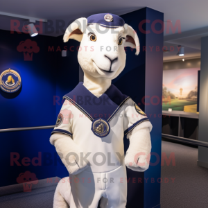 Navy Angora Goat mascot costume character dressed with a Sweatshirt and Cufflinks