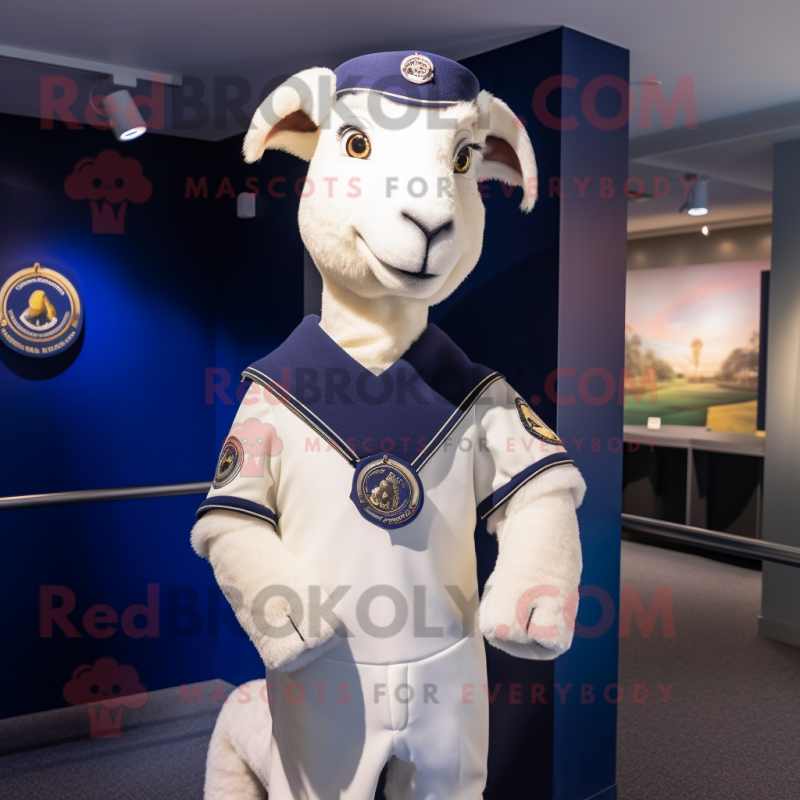 Navy Angora Goat mascot costume character dressed with a Sweatshirt and Cufflinks Navy Angora Goat mascot costume character dressed with a Sweatshirt and Cufflinks