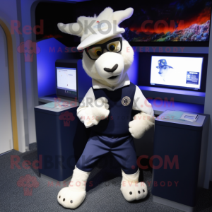 Navy Angora Goat mascot costume character dressed with a Sweatshirt and Cufflinks