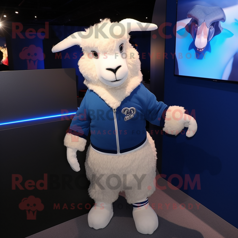 Navy Angora Goat mascot costume character dressed with a Sweatshirt and Cufflinks Navy Angora Goat mascot costume character dressed with a Sweatshirt and Cufflinks