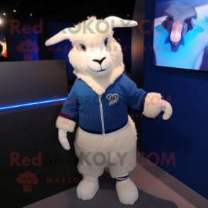 Navy Angora Goat mascot costume character dressed with a Sweatshirt and Cufflinks