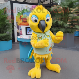 Lemon Yellow Macaw mascot costume character dressed with a Playsuit and Messenger bags