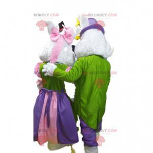 Mascot couple of white rabbits in colorful evening dress. -