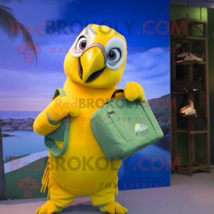 Lemon Yellow Macaw mascot costume character dressed with a Playsuit and Messenger bags