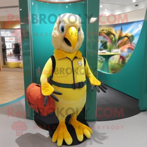 Lemon Yellow Macaw mascot costume character dressed with a Playsuit and Messenger bags