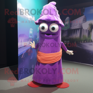 Purple Ceviche mascot costume character dressed with a Sheath Dress and Beanies