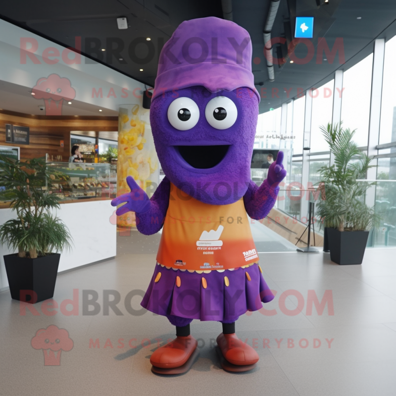 Purple Ceviche mascot costume character dressed with a Sheath Dress and Beanies Purple Ceviche mascot costume character dressed with a Sheath Dress and Beanies