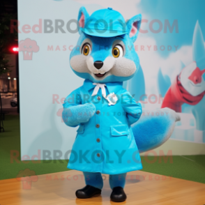 Sky Blue Squirrel mascot costume character dressed with a Raincoat and Bow ties