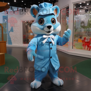 Sky Blue Squirrel mascot costume character dressed with a Raincoat and Bow ties
