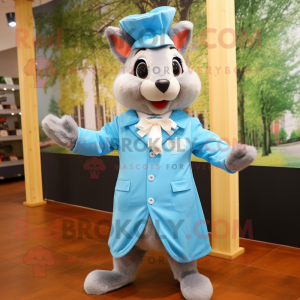 Sky Blue Squirrel mascot costume character dressed with a Raincoat and Bow ties