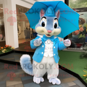 Sky Blue Squirrel mascot costume character dressed with a Raincoat and Bow ties