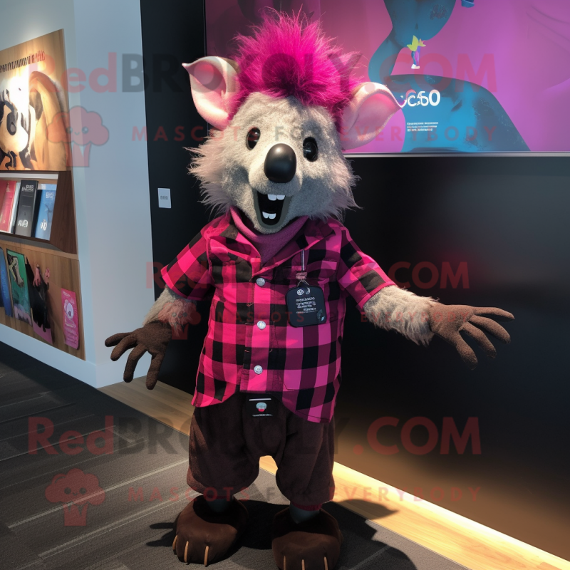 Magenta Aye-Aye mascot costume character dressed with a Flannel Shirt and Suspenders Magenta Aye-Aye mascot costume character dressed with a Flannel Shirt and Suspenders