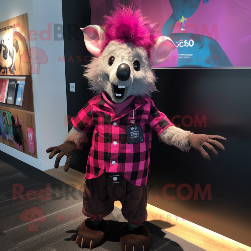 Magenta Aye-Aye mascot costume character dressed with a Flannel Shirt and Suspenders