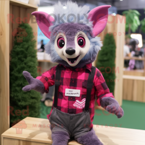 Magenta Aye-Aye mascot costume character dressed with a Flannel Shirt and Suspenders