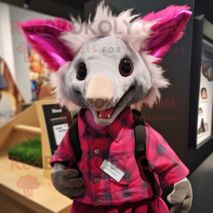 Magenta Aye-Aye mascot costume character dressed with a Flannel Shirt and Suspenders