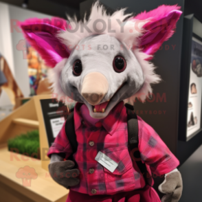 Magenta Aye-Aye mascot costume character dressed with a Flannel Shirt and Suspenders