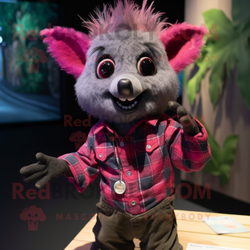 Magenta Aye-Aye mascot costume character dressed with a Flannel Shirt and Suspenders