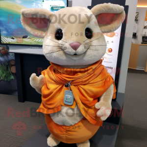 Orange Chinchilla mascot costume character dressed with a Henley Shirt and Shawl pins