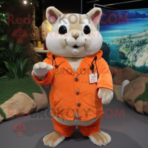 Orange Chinchilla mascot costume character dressed with a Henley Shirt and Shawl pins