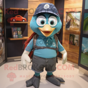 Teal Guinness mascot costume character dressed with a Denim Shorts and Backpacks