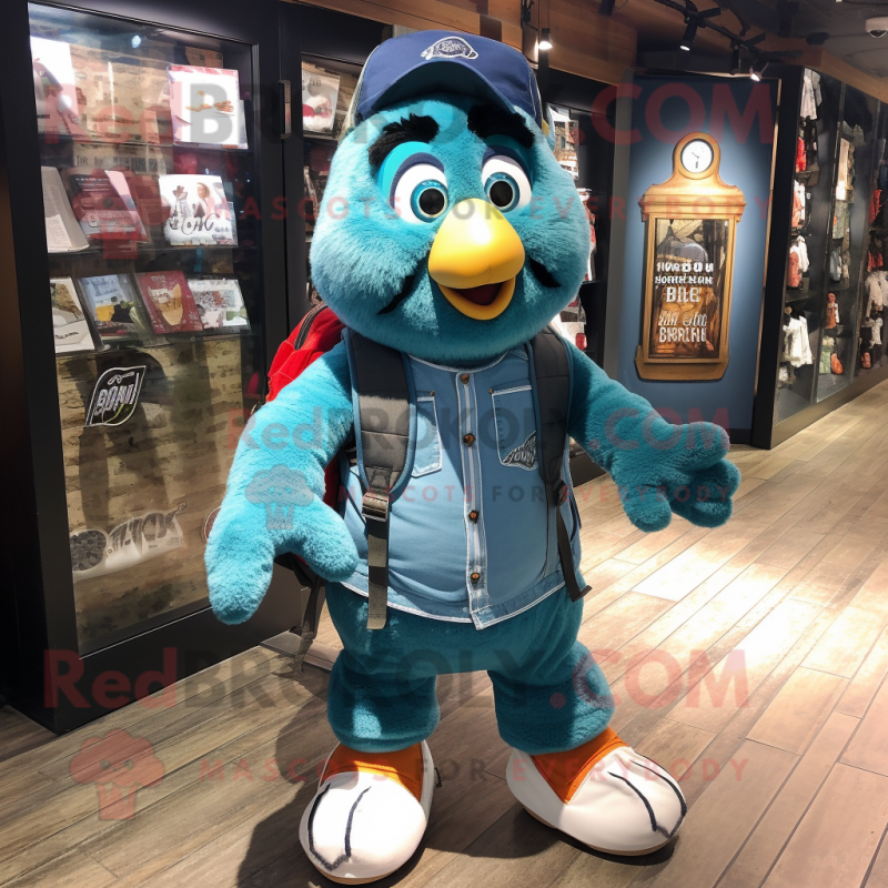 Teal Guinness mascot costume character dressed with a Denim Shorts and Backpacks Teal Guinness mascot costume character dressed with a Denim Shorts and Backpacks