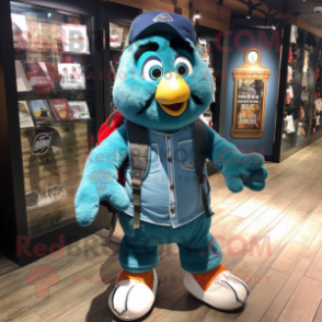 Teal Guinness mascot costume character dressed with a Denim Shorts and Backpacks