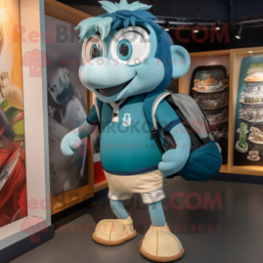 Teal Guinness mascot costume character dressed with a Denim Shorts and Backpacks