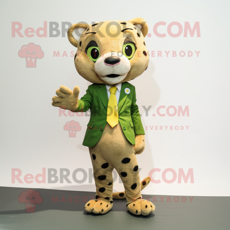 Olive Cheetah mascot costume character dressed with a Suit and Shoe clips