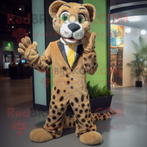 Olive Cheetah mascot costume character dressed with a Suit and Shoe clips