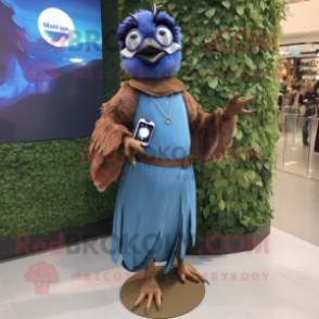 Brown Blue Jay mascot costume character dressed with a Maxi Dress and Digital watches