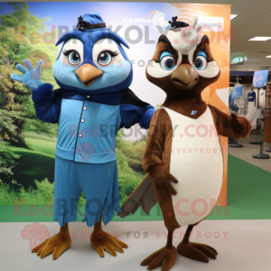 Brown Blue Jay mascot costume character dressed with a Maxi Dress and Digital watches