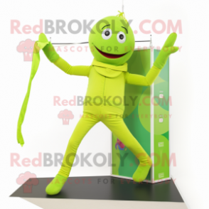 Lime Green Trapeze Artist mascot costume character dressed with a Jeggings and Foot pads