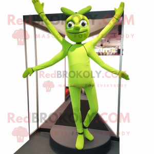 Lime Green Trapeze Artist mascot costume character dressed with a Jeggings and Foot pads