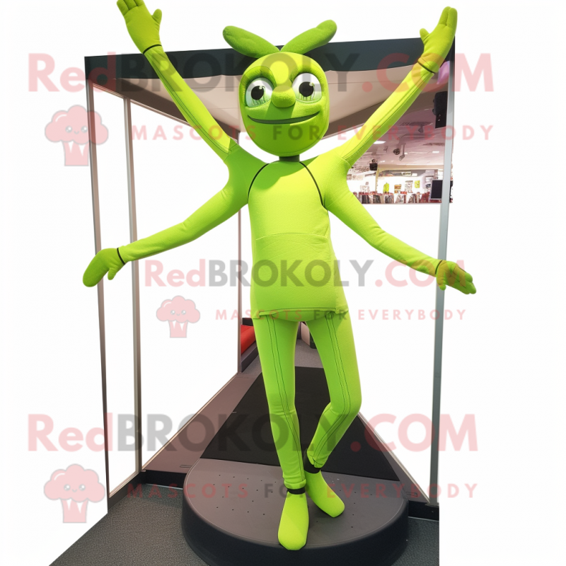 Lime Green Trapeze Artist mascot costume character dressed with a Jeggings and Foot pads Lime Green Trapeze Artist mascot costume character dressed with a Jeggings and Foot pads