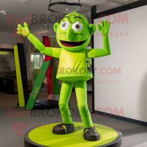Lime Green Trapeze Artist mascot costume character dressed with a Jeggings and Foot pads